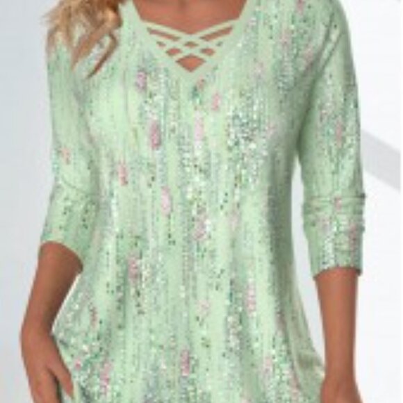 MODLILY® Light Green Criss Cross Geometric Printed Non-sequined Top New Size XXL - Picture 1 of 6